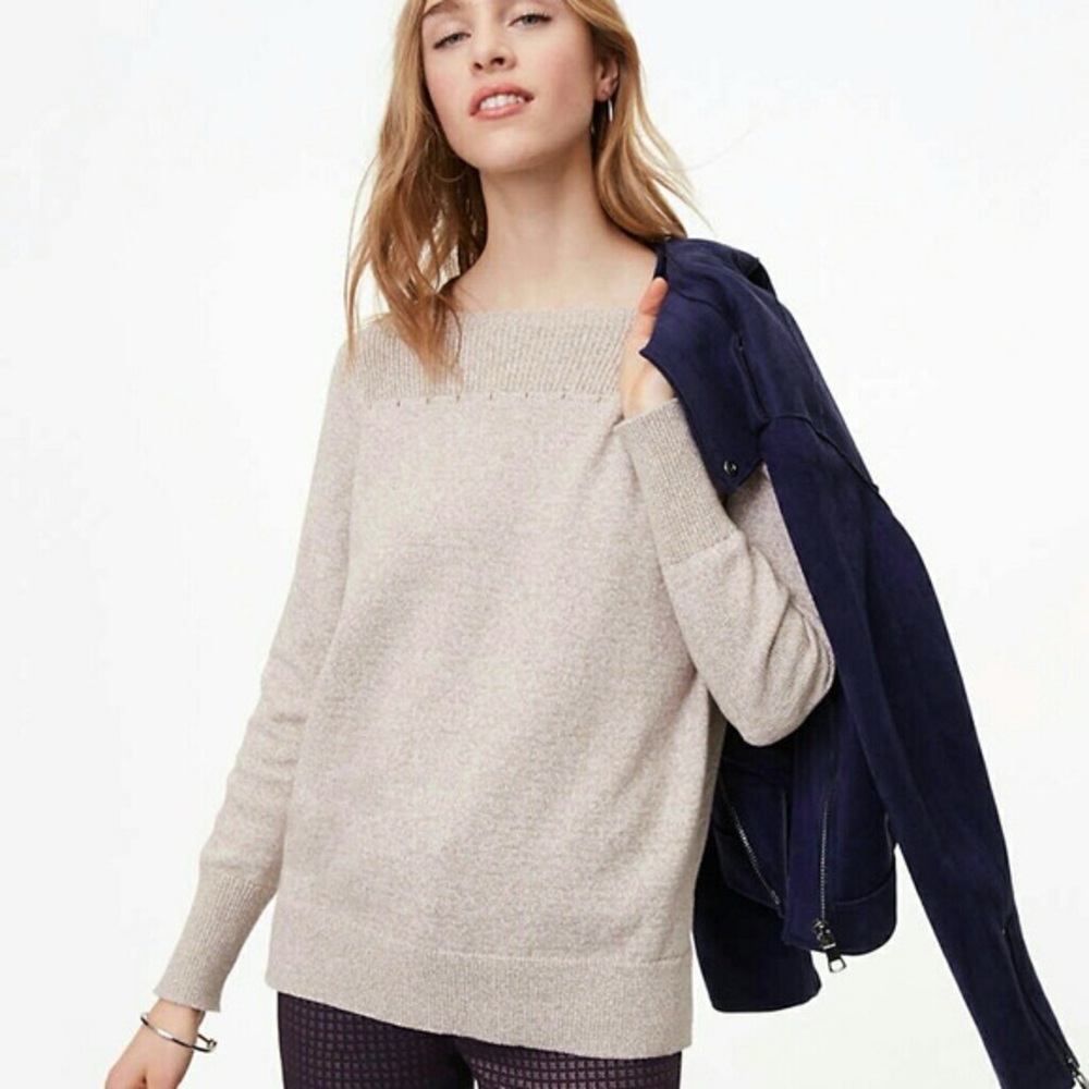 LOFT Oatmeal Tan Boat Neck Pullover Sweater Top Sz L
